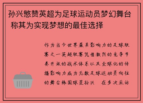 孙兴慜赞英超为足球运动员梦幻舞台 称其为实现梦想的最佳选择